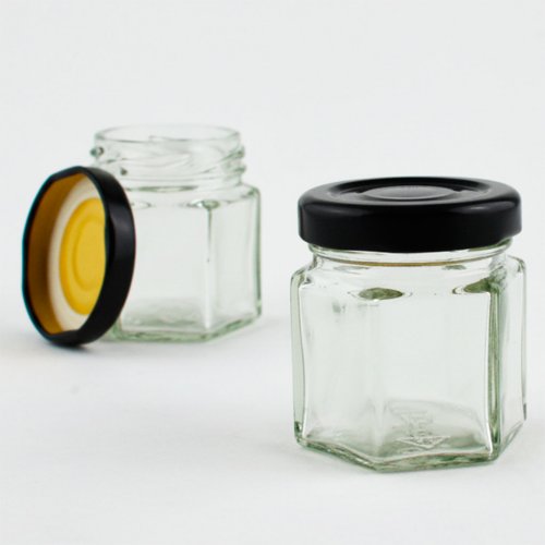 47 ml glass hexagonal jar and black metal lid