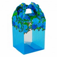 Plastic box in blue flowers is tall